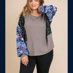 New UMGEE XL 1XL Aztec & Animal Mixed Print Long Puff Sleeve Waffle Knit Top